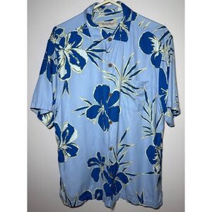 Tommy Bahama Men Large Hawaiian shirt with a blue hibiscus floral print